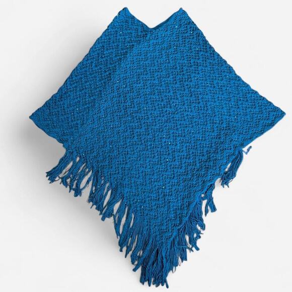 VTG Y2K Teal Blue & Green Threaded Sequin Whimsy Knit Poncho w Tassel Fringe OS - Picture 6 of 8